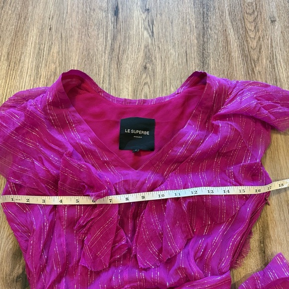 Le Superbe 100% Silk Mini Dress Women’s Size 2 Magenta Fuchsia Metallic Ruffles - Picture 8 of 10